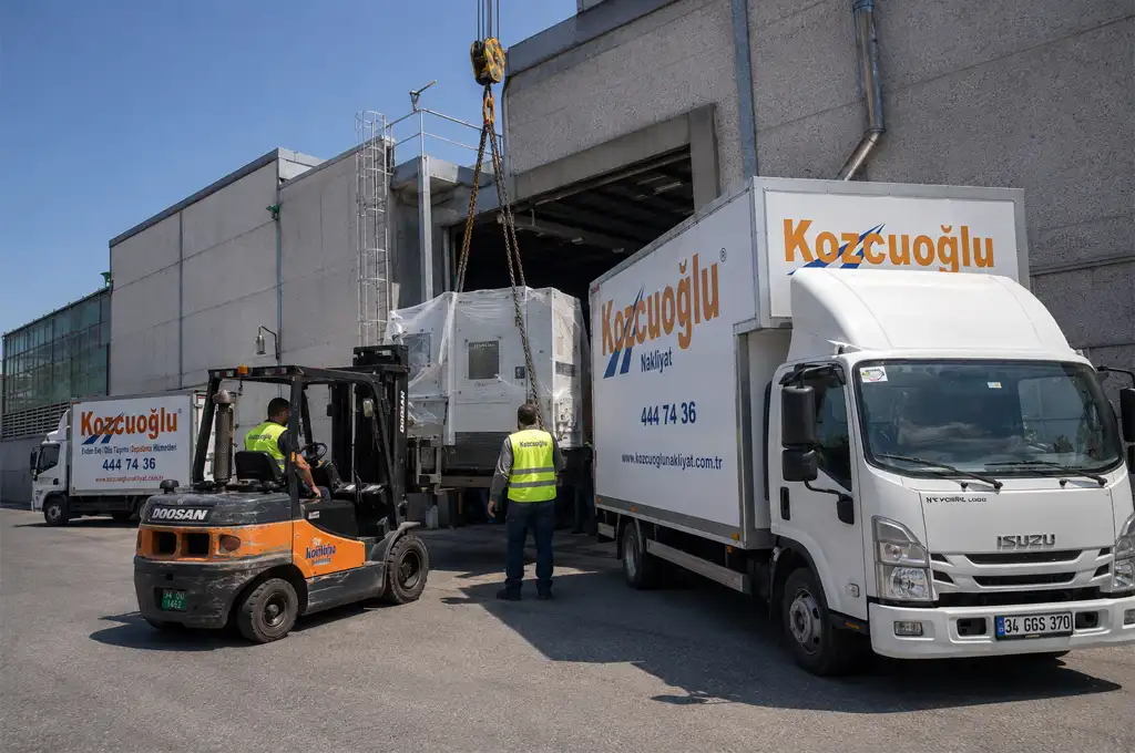 İstanbul fabrika taşımacılığı sürecinde Kozcuoğlu ekibiyle tezgah ve ağır ekipman yükleme operasyonu