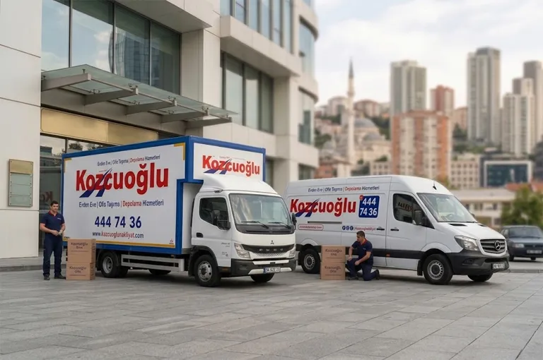 Kağıthane Ofis Taşıma hizmeti veren Kozcuoğlu logolu iki nakliye aracı ve kutu taşıyan personel modern bir bina önünde 