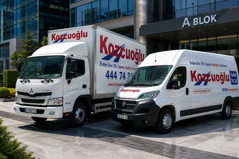 Ofis taşıma süreci için iş merkezi önünde Kozcuoğlu Ofis Taşıma araçları